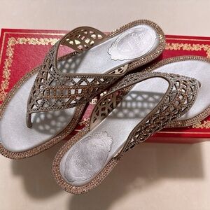 Rene Caovilla Silver and Gold Sparkling Crystal Thongs Sandals Size 35